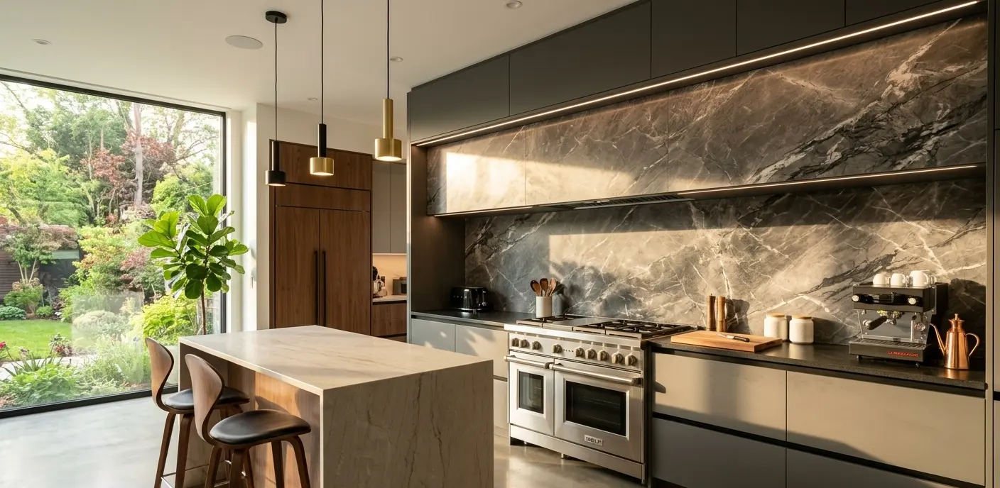 Full slab graphite marble backsplash