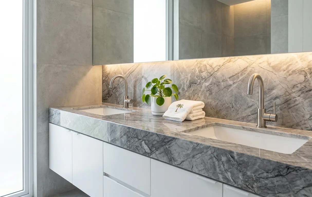 Graphite marble vanity top with double undermount sinks in a modern bathroom