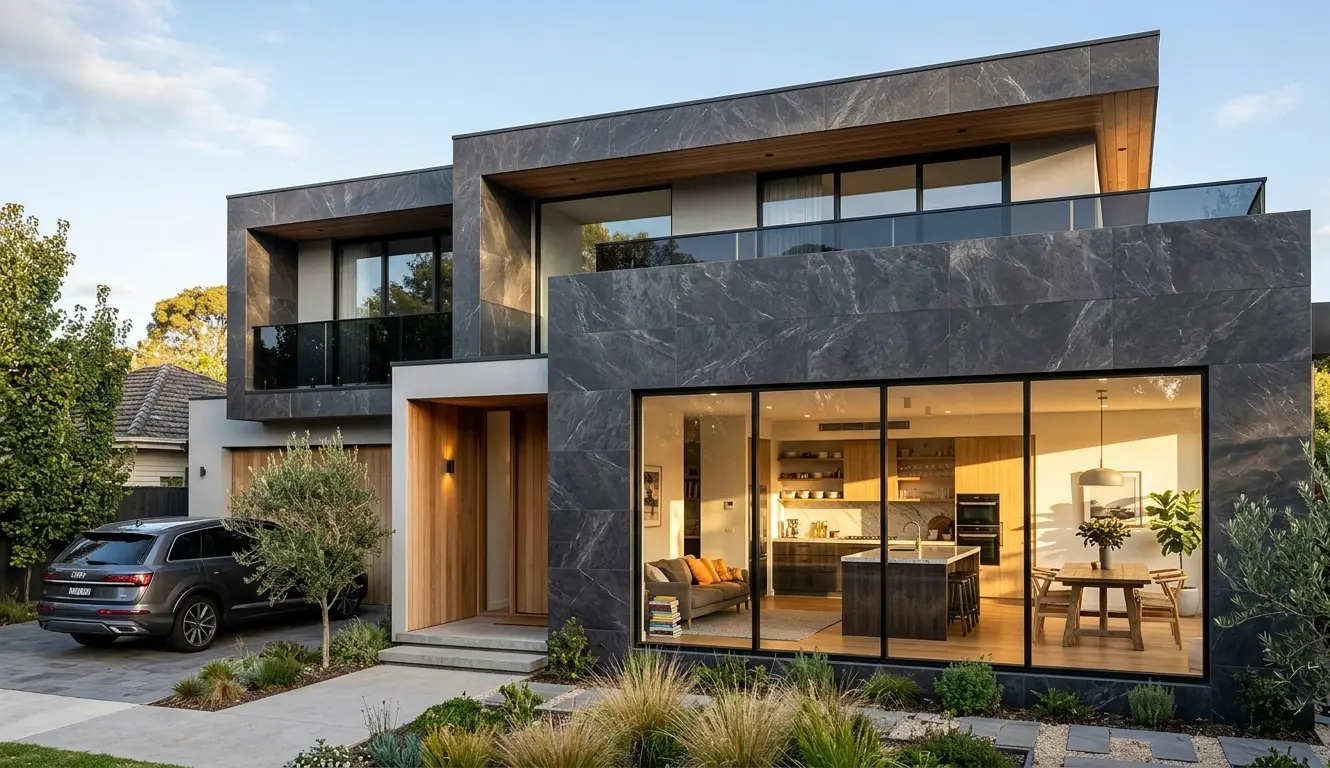 Exterior wall cladding in dark graphite marble on a contemporary residential facade