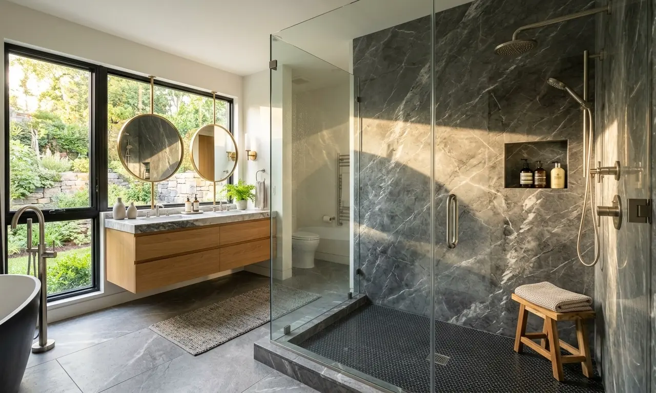 Seamless graphite marble slab panels in a frameless shower enclosure