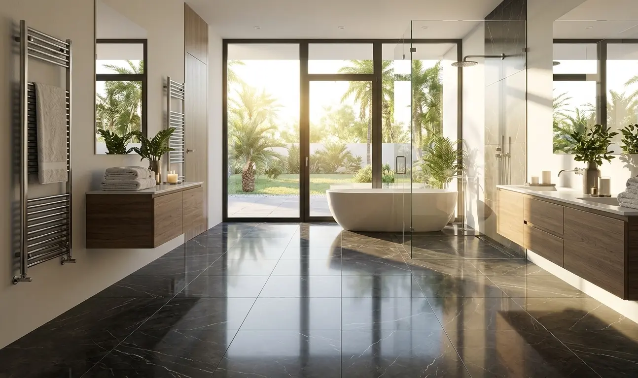 Large-format graphite marble floor tiles in a contemporary spa-style bathroom