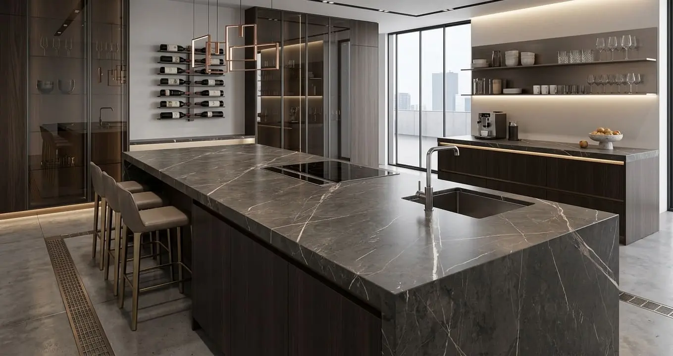 Modern Graphite Marble Living Room Wall used as a kitchen island with dark wood cabinets