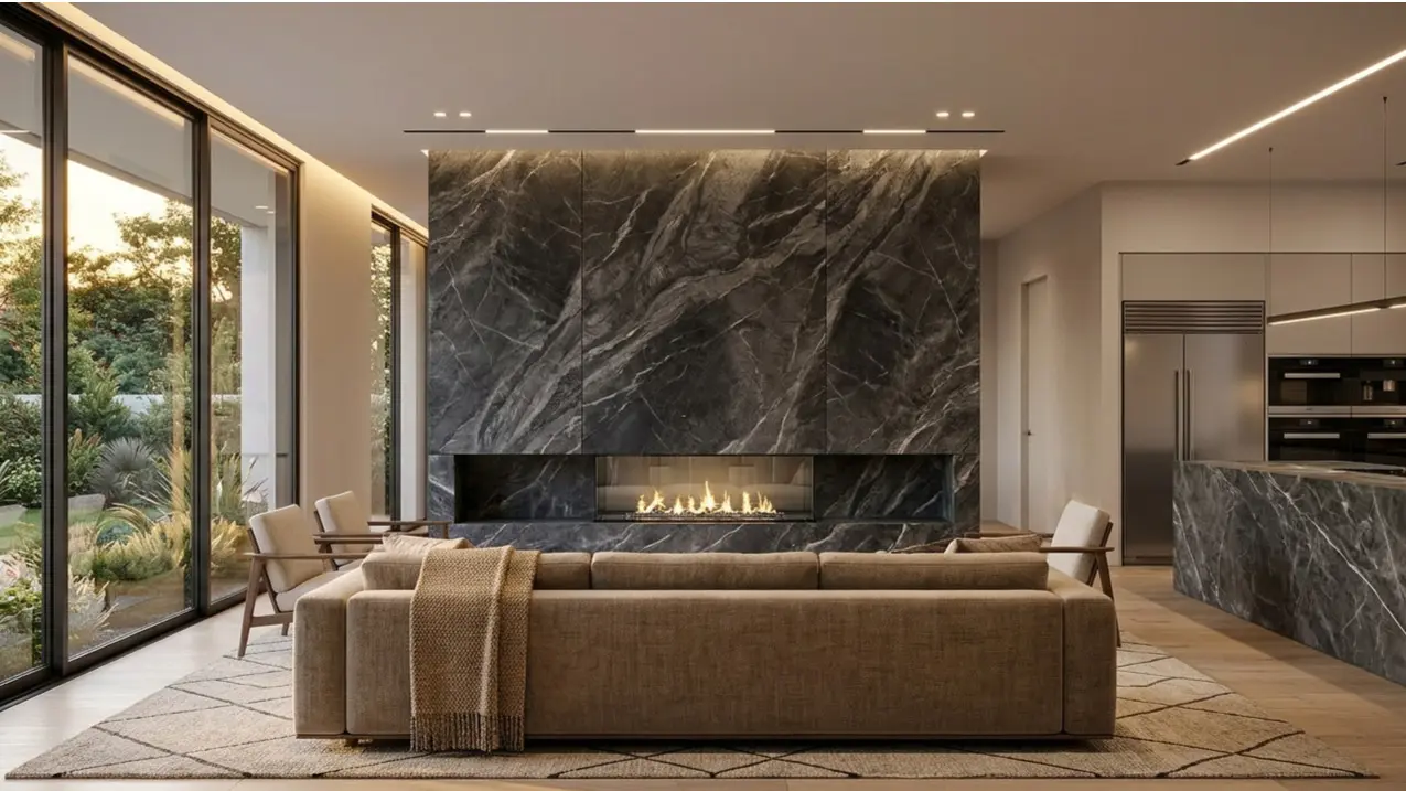 Graphite Marble Living Room Wall continuing to kitchen island and fireplace in cohesive open plan interior