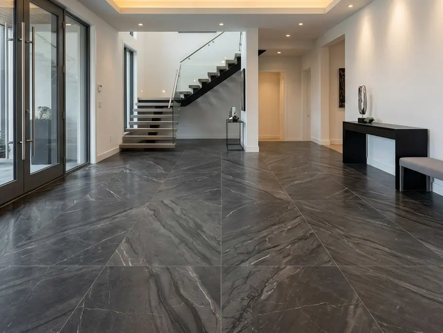 Graphite Marble Flooring large format slab entryway with natural graphite veining in luxury home