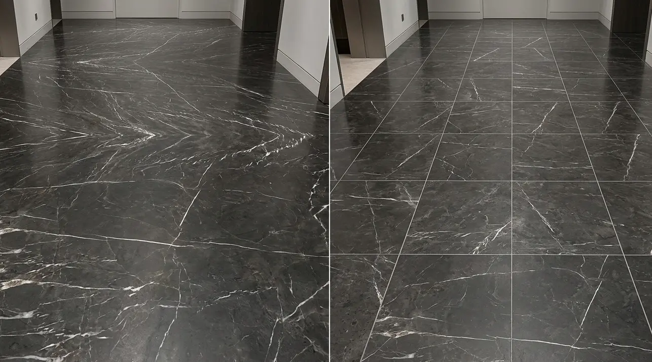 Graphite Marble Flooring seamless slab surface compared to dark tiled floor with grout lines