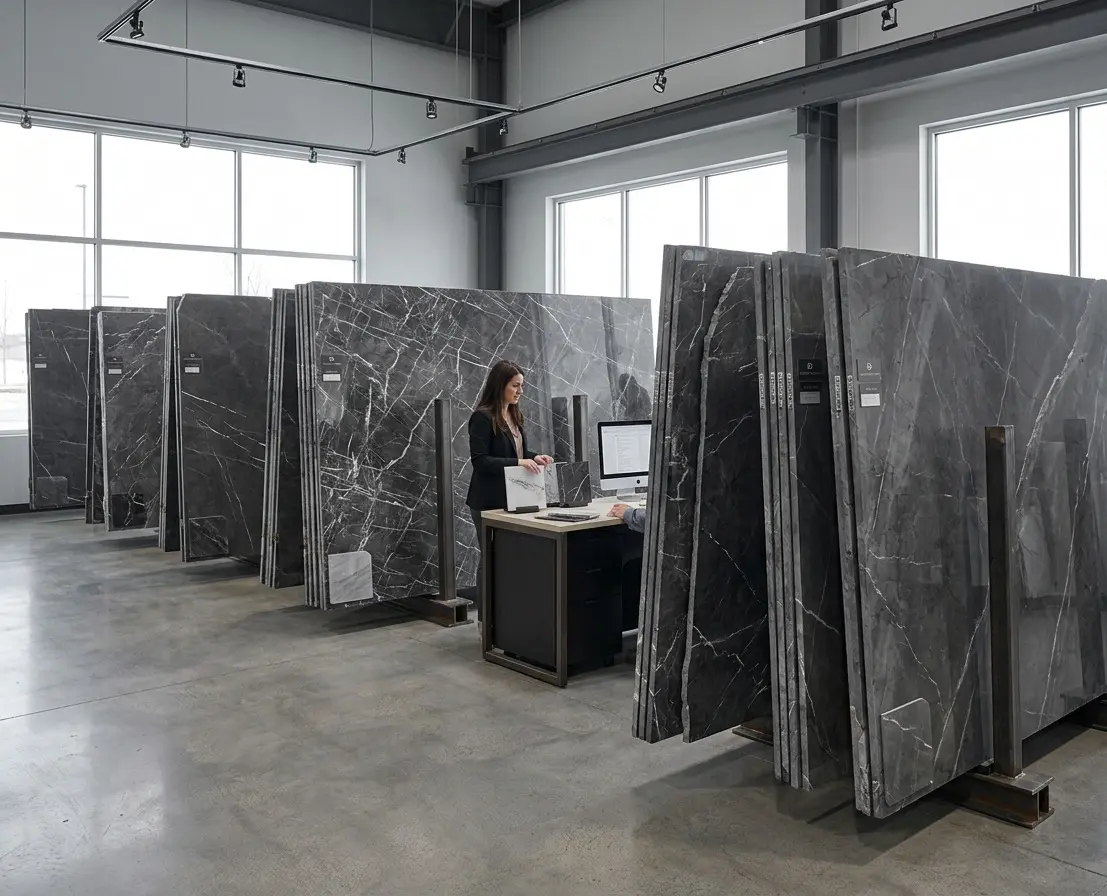 Dark Gray Graphite Marble slabs on display in a natural stone showroom inventory rack
