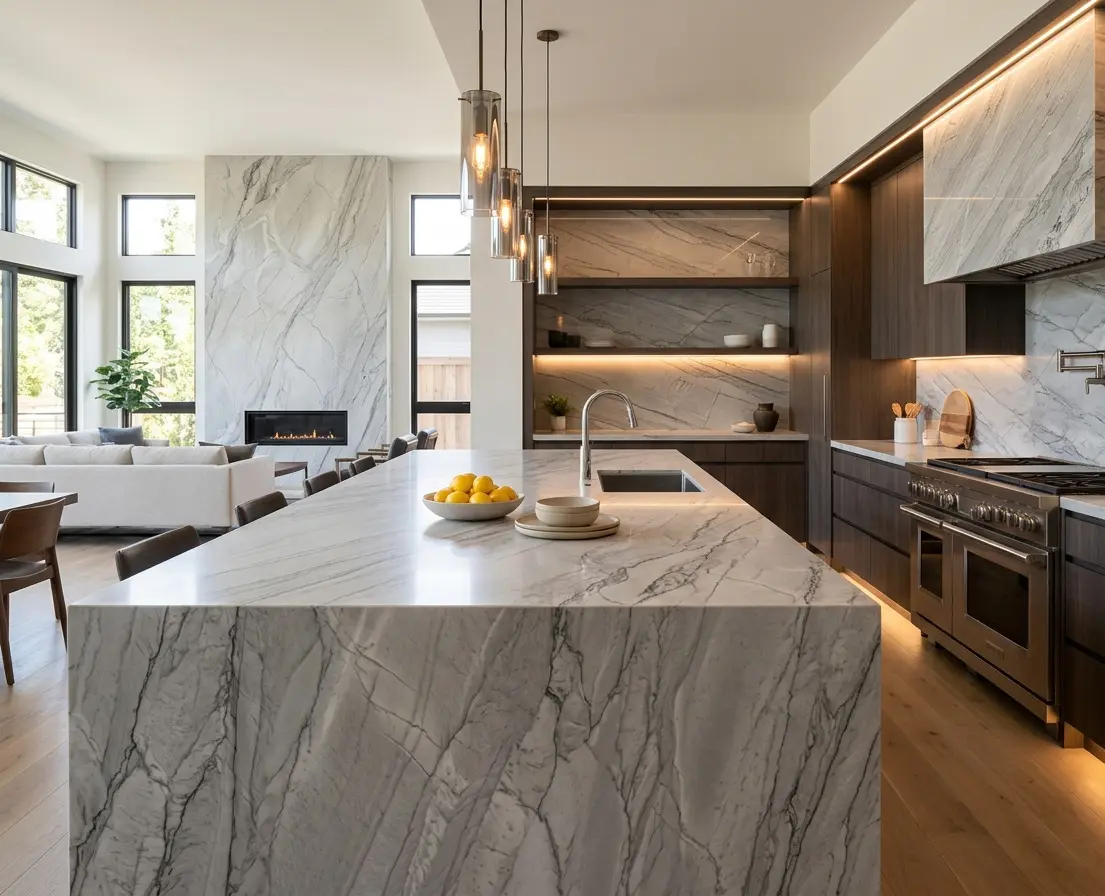 Zermatt Quartzite Gray Veined full slab kitchen island waterfall edge in luxury interior