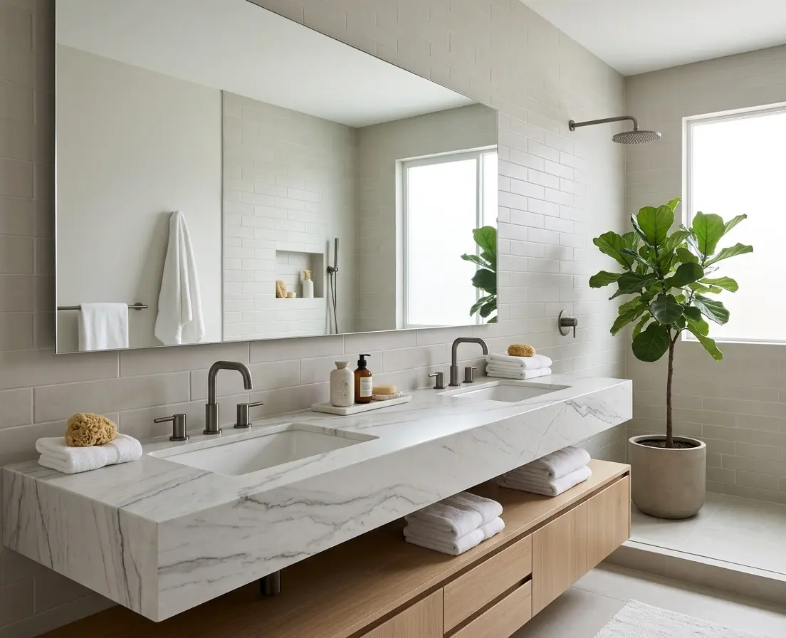 Zermatt Quartzite Gray Veined honed bathroom vanity countertop in modern spa-style setting