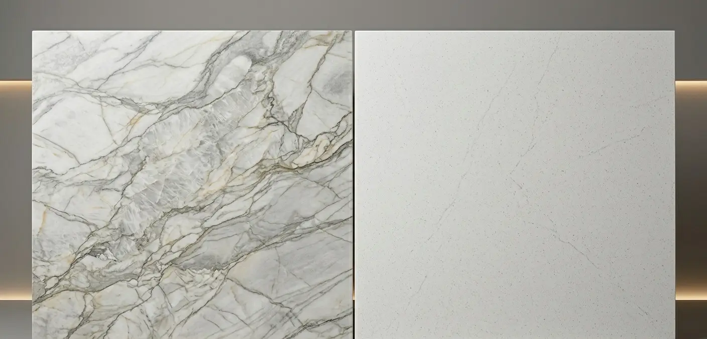 Zermatt Quartzite Outdoor Stone natural slab compared to engineered quartz showing geological difference