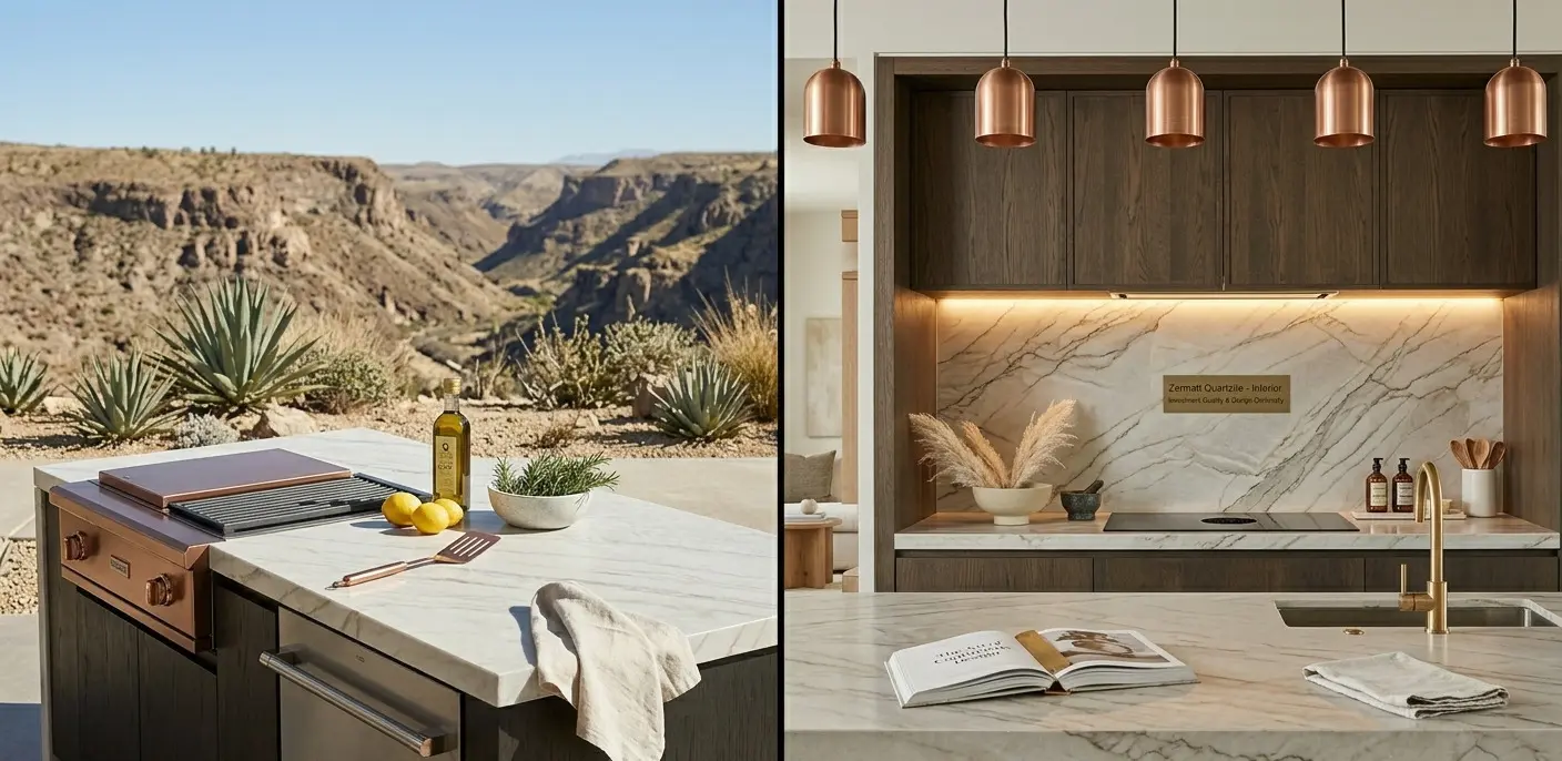 Zermatt Quartzite For Outdoor Use and indoor kitchen countertop showing natural stone design continuity