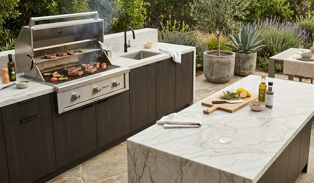 Modern patio cooking area with a prep island made of Zermatt Quartzite For Outdoor Use