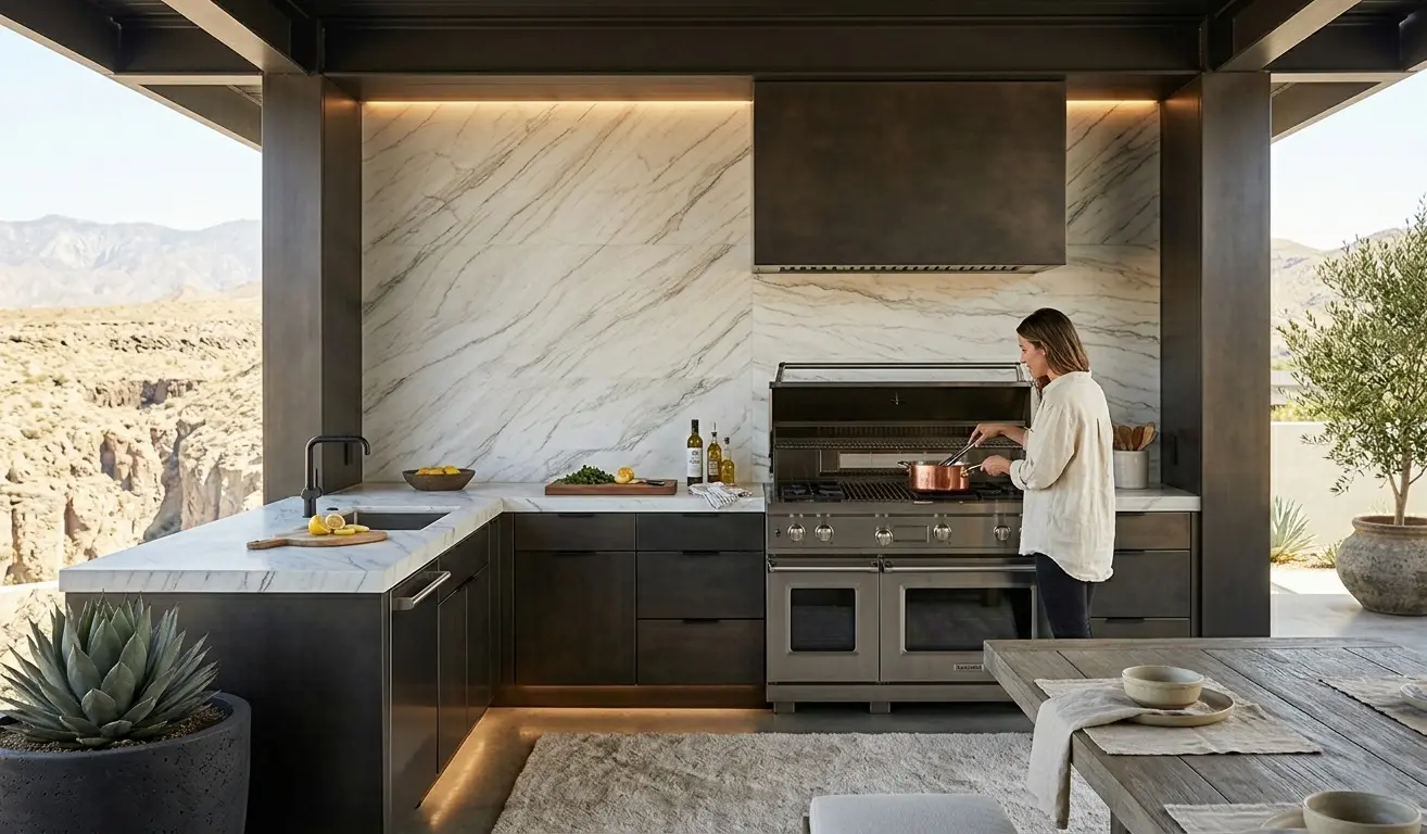 Zermatt Quartzite Exterior Wall Stone as outdoor kitchen back wall with countertop continuity