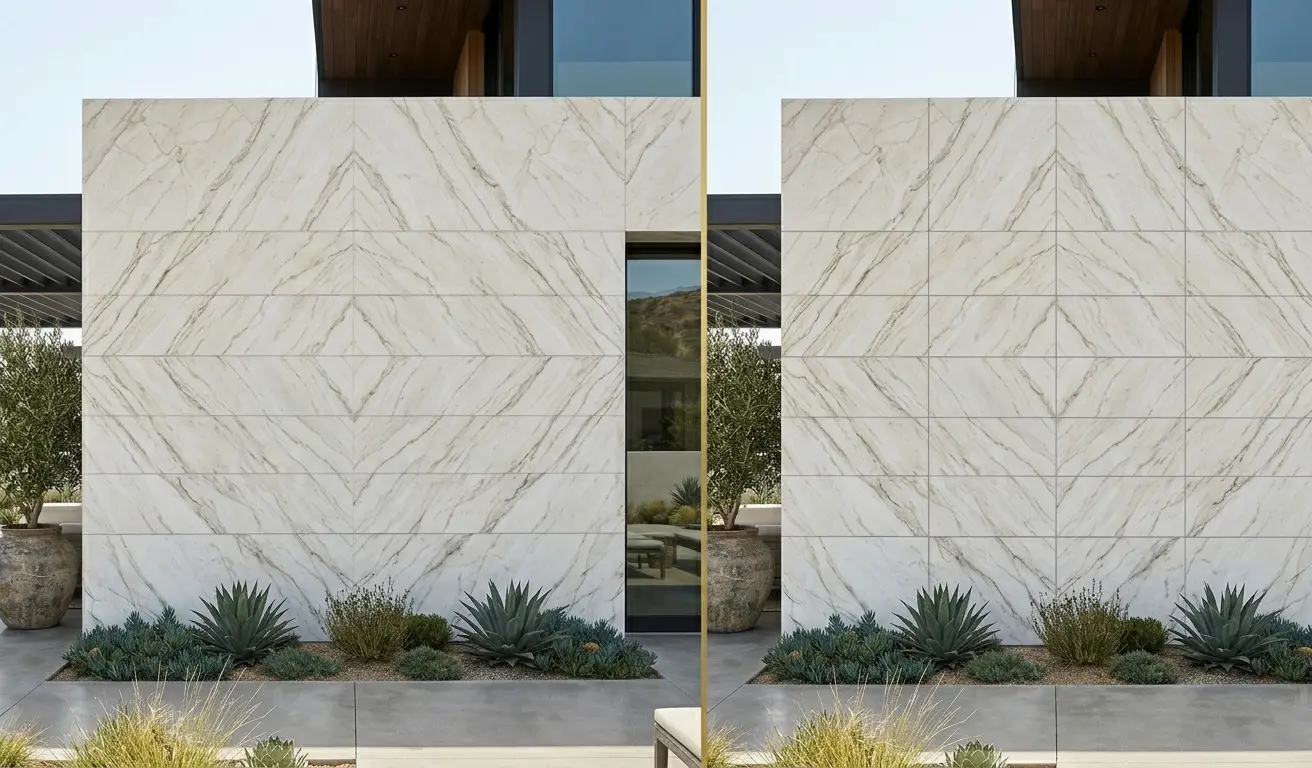 Exterior Wall Stone seamless slab cladding versus tiled wall with grout lines