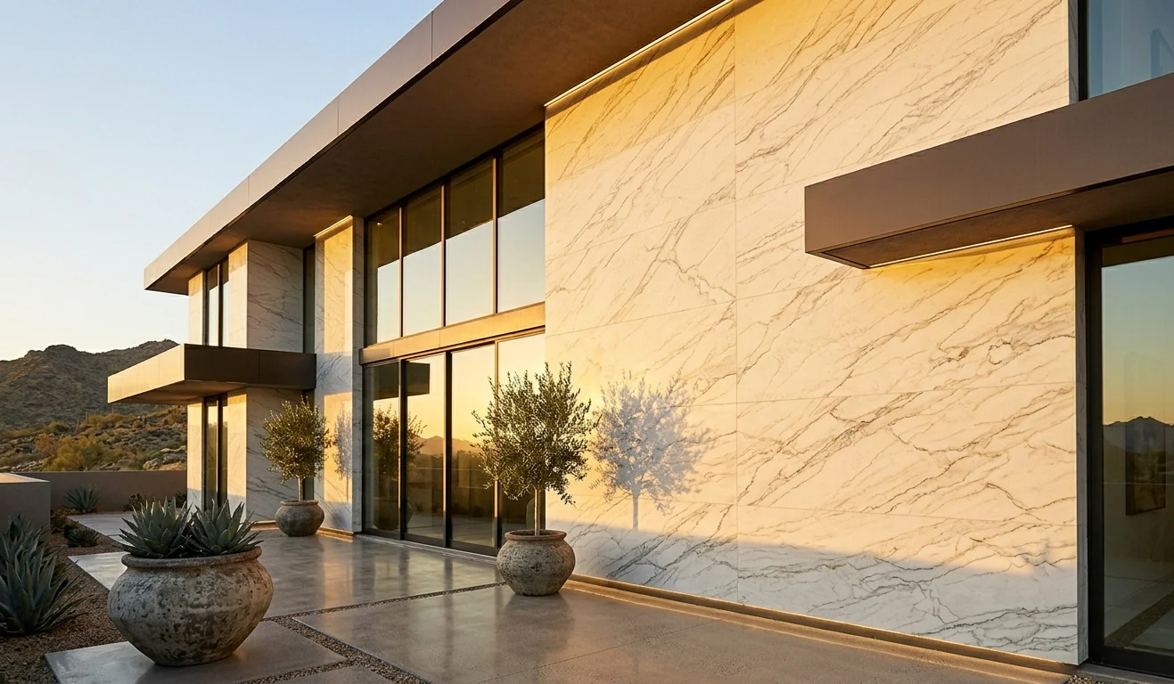 Zermatt Quartzite Exterior Wall Stone large-format facade cladding in golden-hour architectural photography