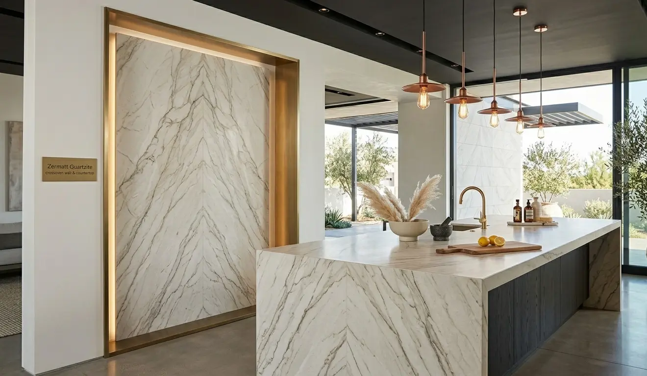 Zermatt Quartzite For Walls and countertop applications displayed in natural stone showroom setting
