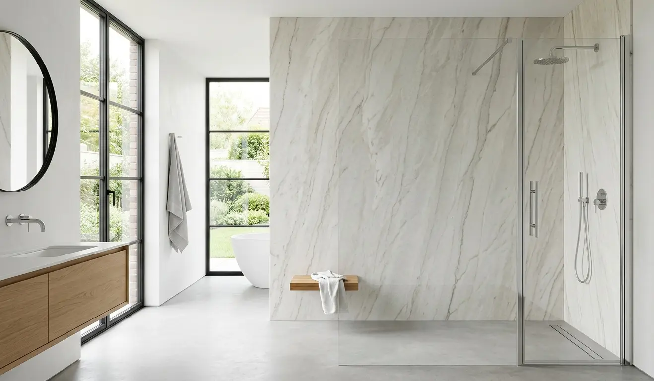 Zermatt Quartzite For Walls as full-height honed shower wall in modern bathroom interior