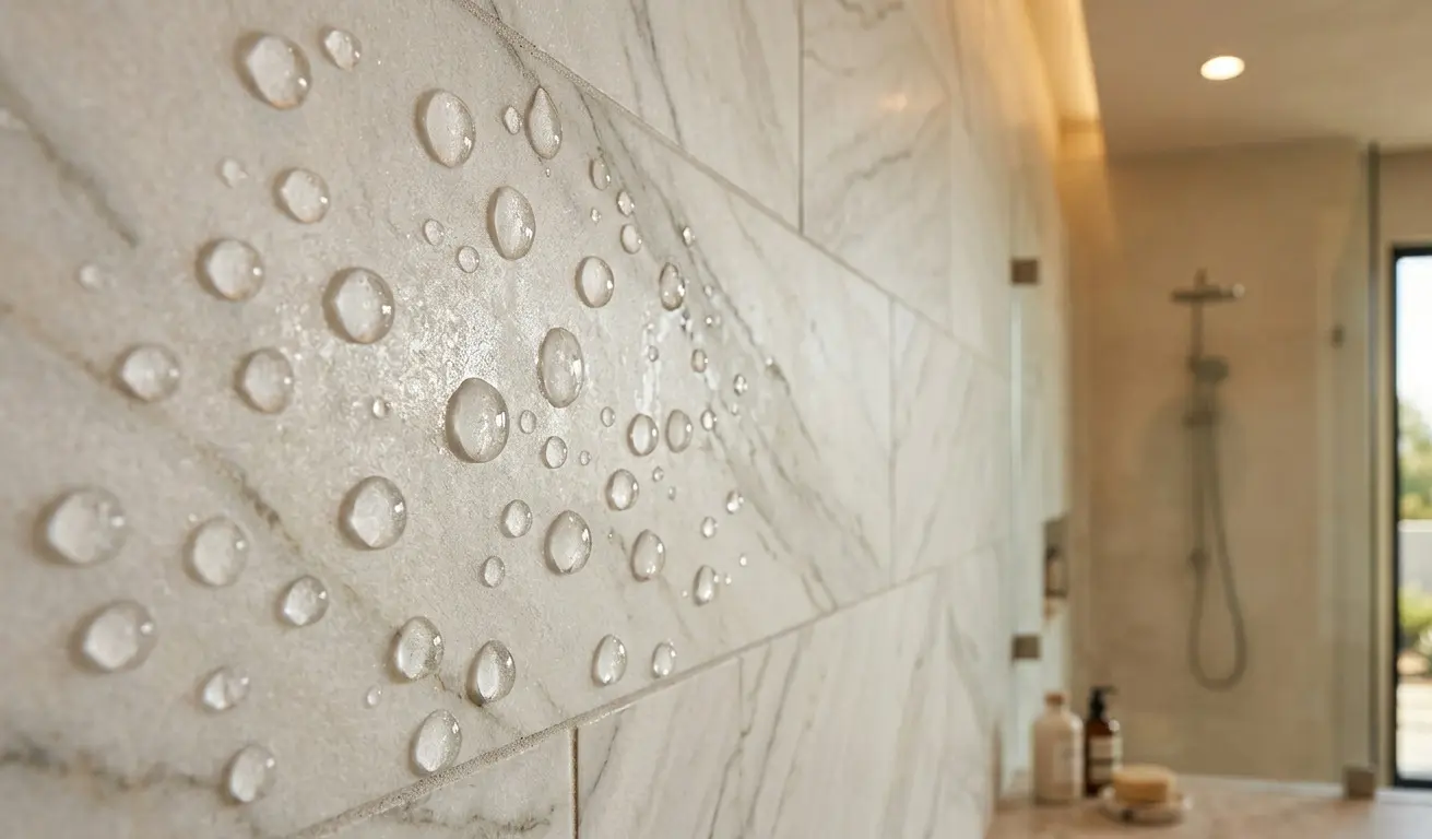 Zermatt Quartzite For Walls sealed surface showing water beading in bathroom moisture environment
