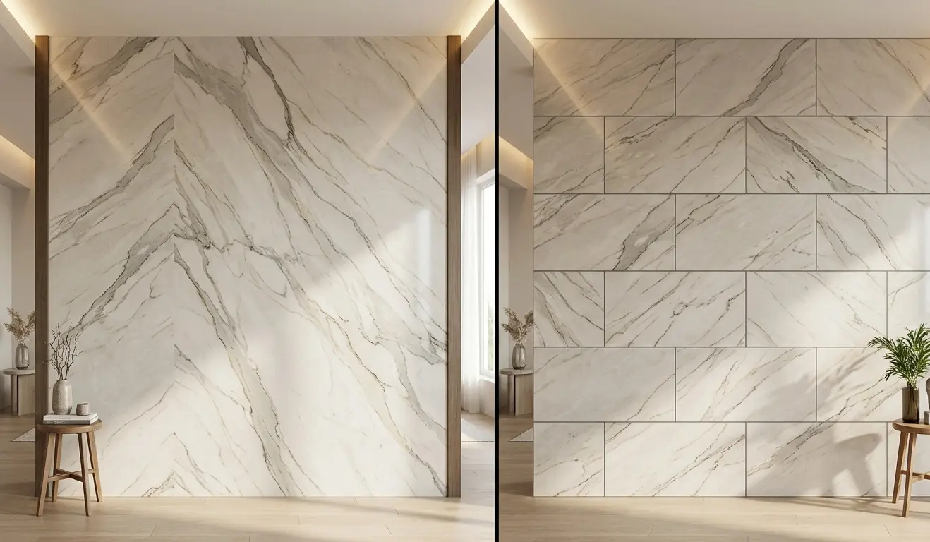 Zermatt Quartzite For Walls seamless slab surface compared to tiled wall with visible grout lines