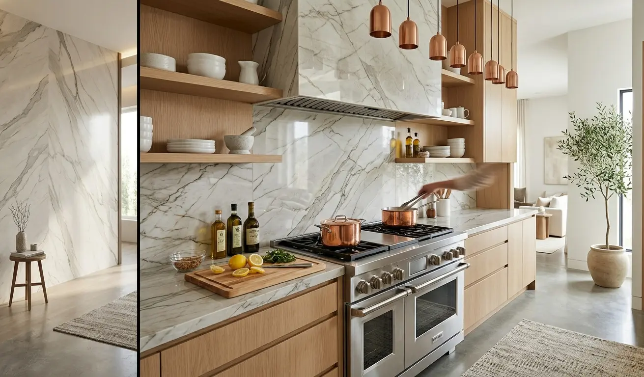 Zermatt Quartzite For Walls as polished kitchen backsplash wall behind countertop and range