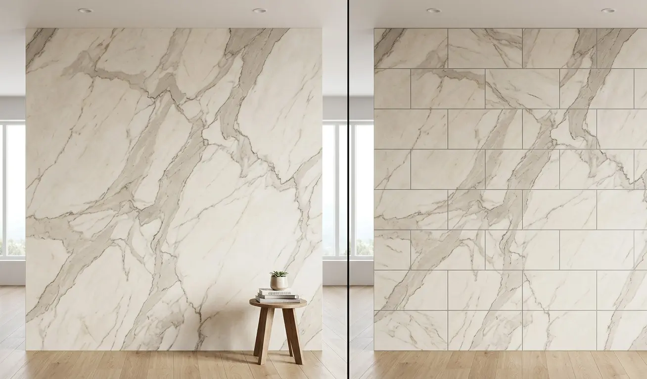 Zermatt Quartzite Accent Wall seamless slab compared to tiled wall with grout line interruption