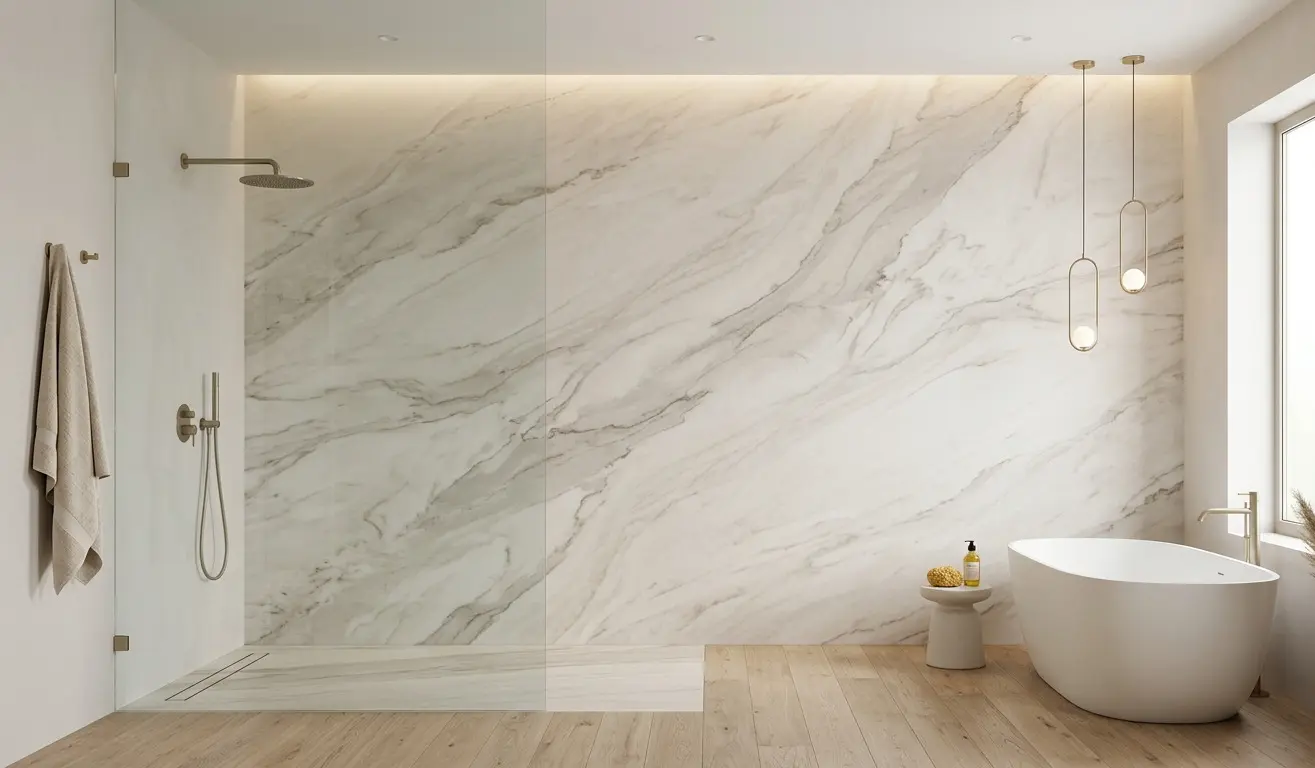 Zermatt Quartzite Accent Wall installed as full-height bathroom feature wall with honed finish