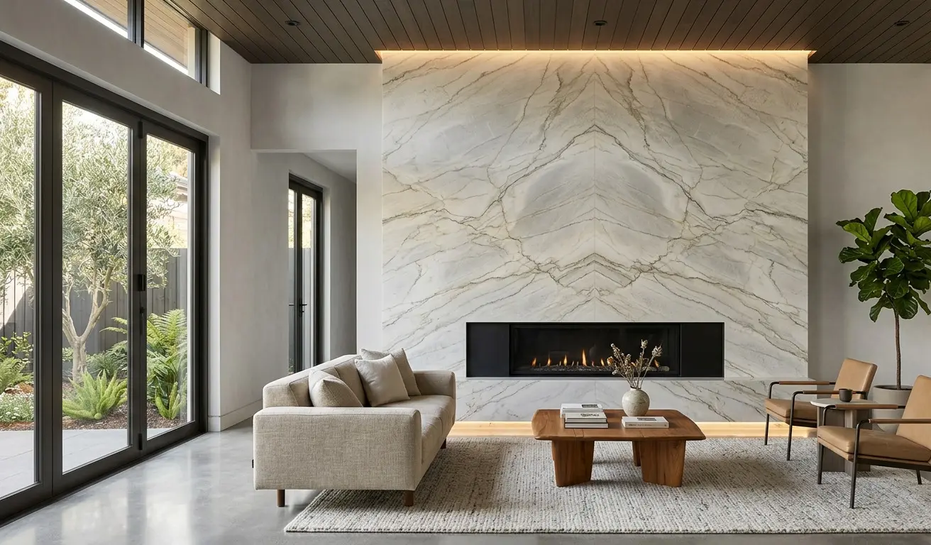 Zermatt Quartzite Accent Wall as fireplace surround and floor to ceiling feature panel