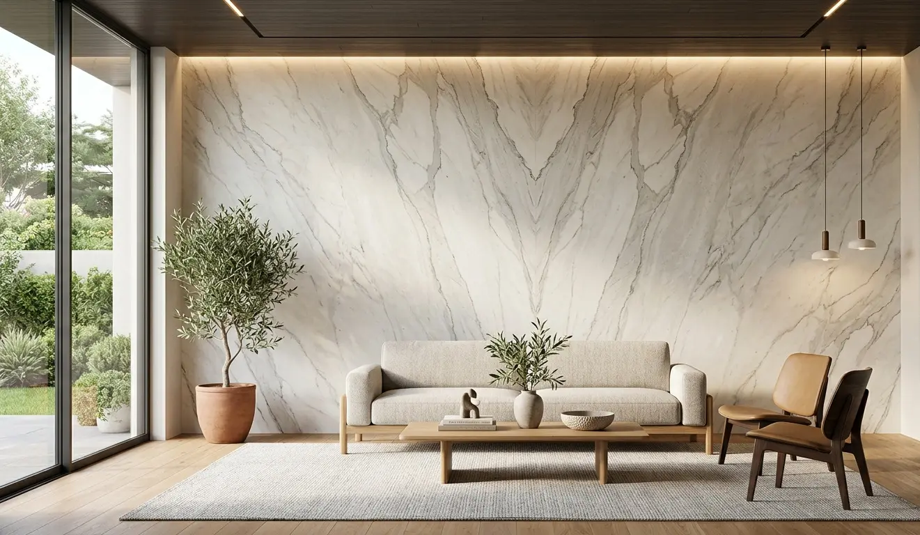 Zermatt Quartzite Accent Wall full-height slab in modern living room with natural veining