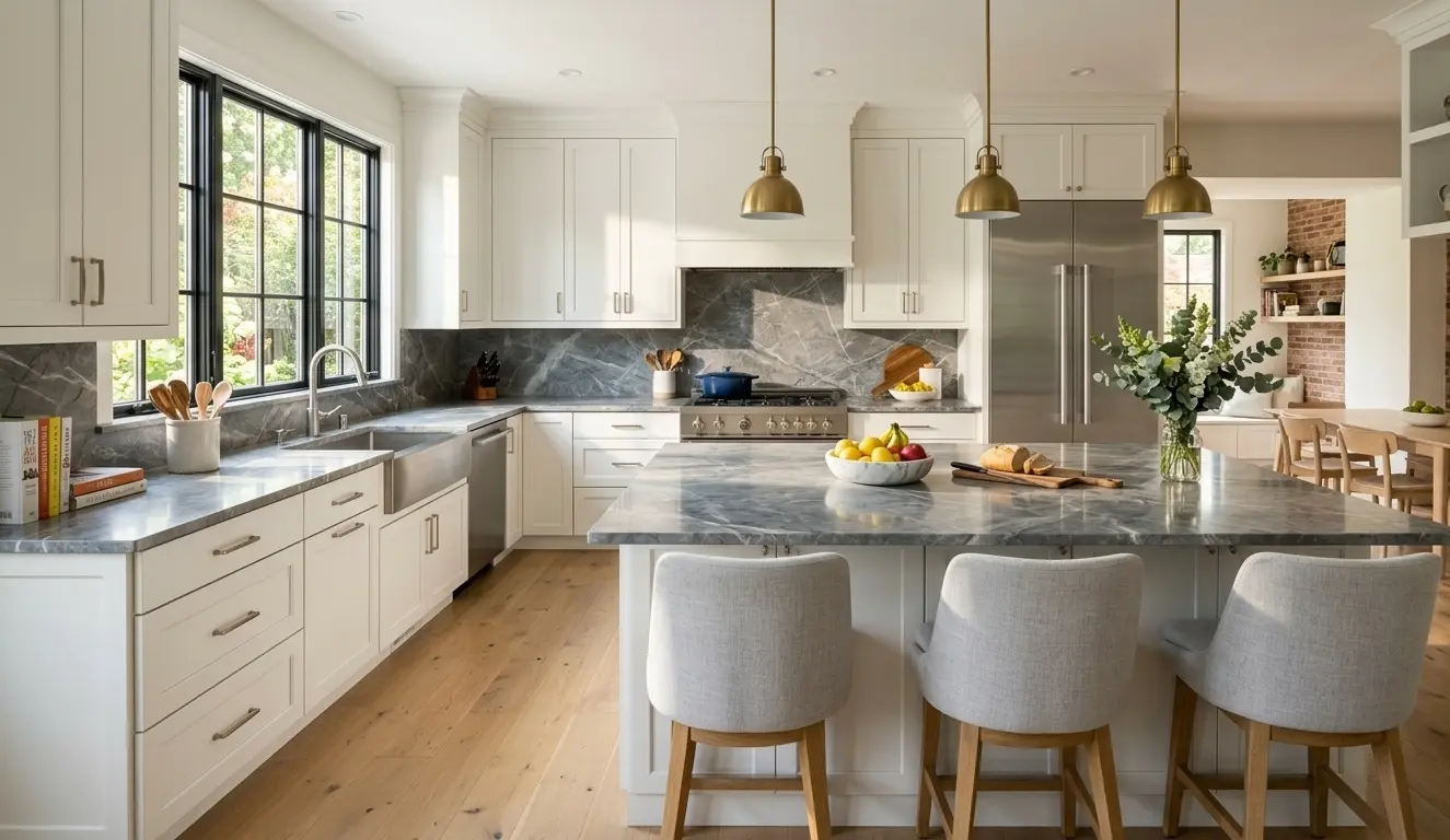 Modern kitchen with seamless Smoky Gray Marble countertop