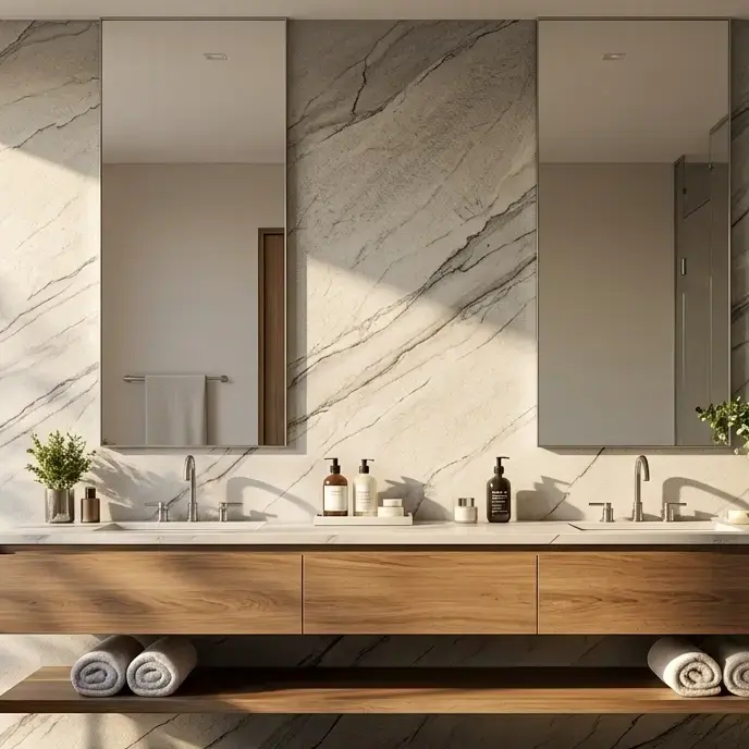 Modern bathroom with Zermatt quartzite vanity top and wall cladding