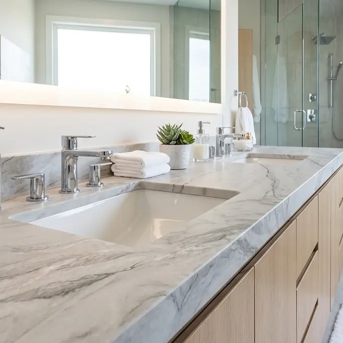 Zermatt quartzite bathroom countertop with soft gray veining, and light wood vanity