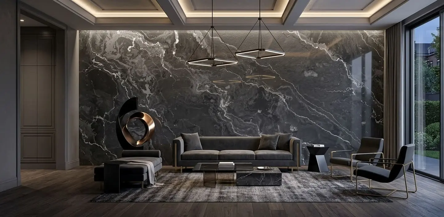 Luxury living room featuring seamless dark grey marble accent wall
