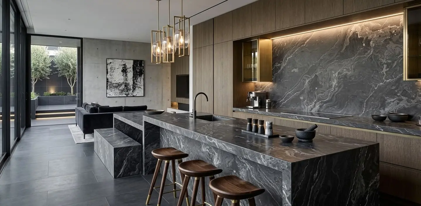 Modern luxury kitchen with dark grey marble