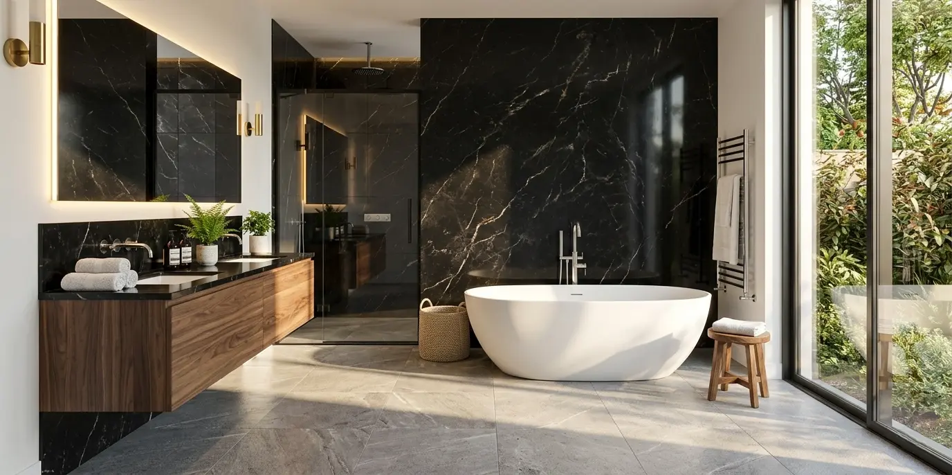 Modern living bathroom with deep Black marble