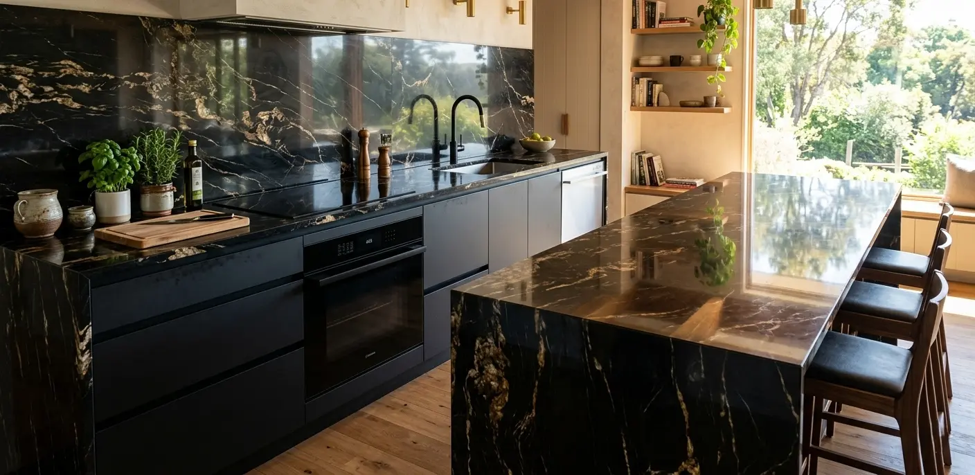 Deep black marble polished natural stone slab