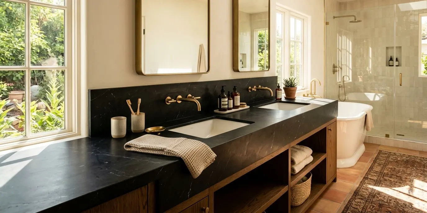 Honed deep black marble slab installed as bathroom vanity