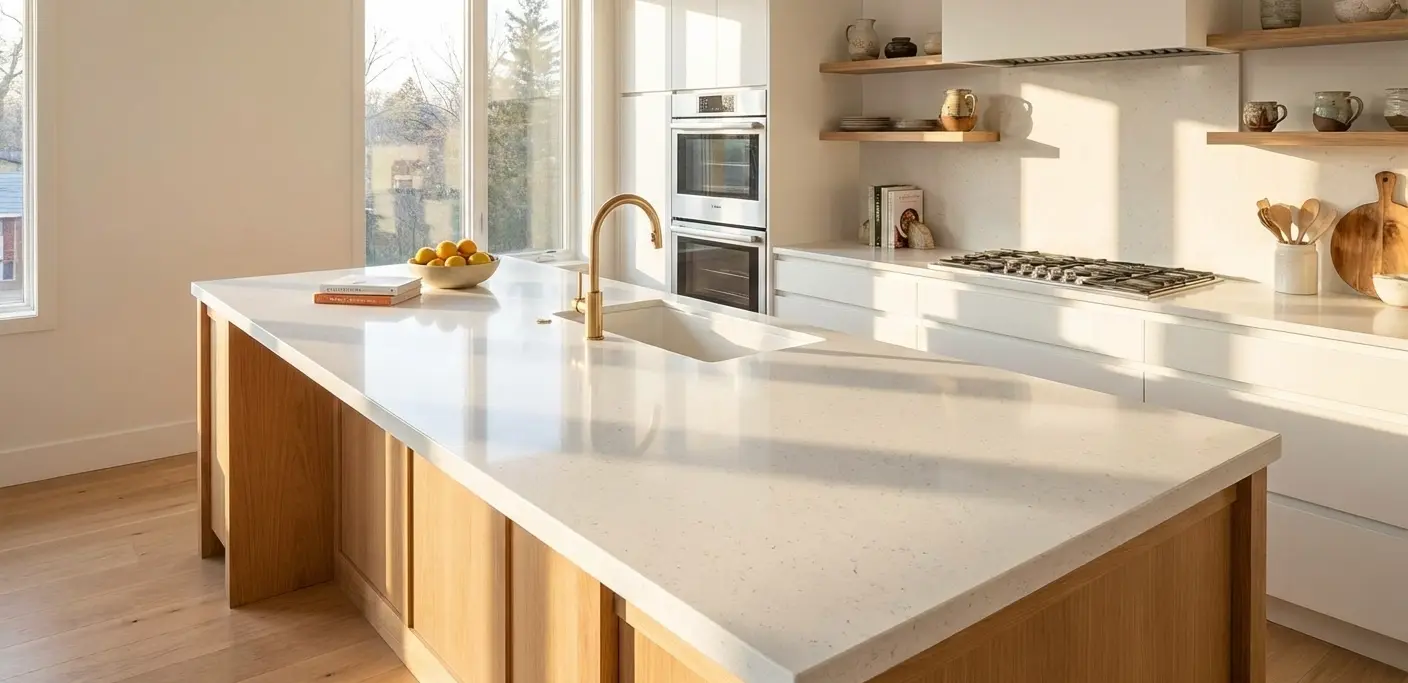 White engineered countertop in modern kitchen