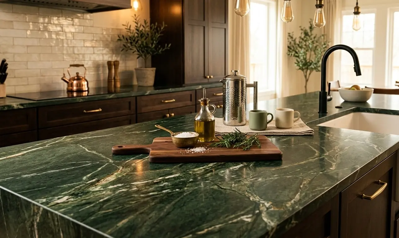 Green quartz slab in kitchen countertop