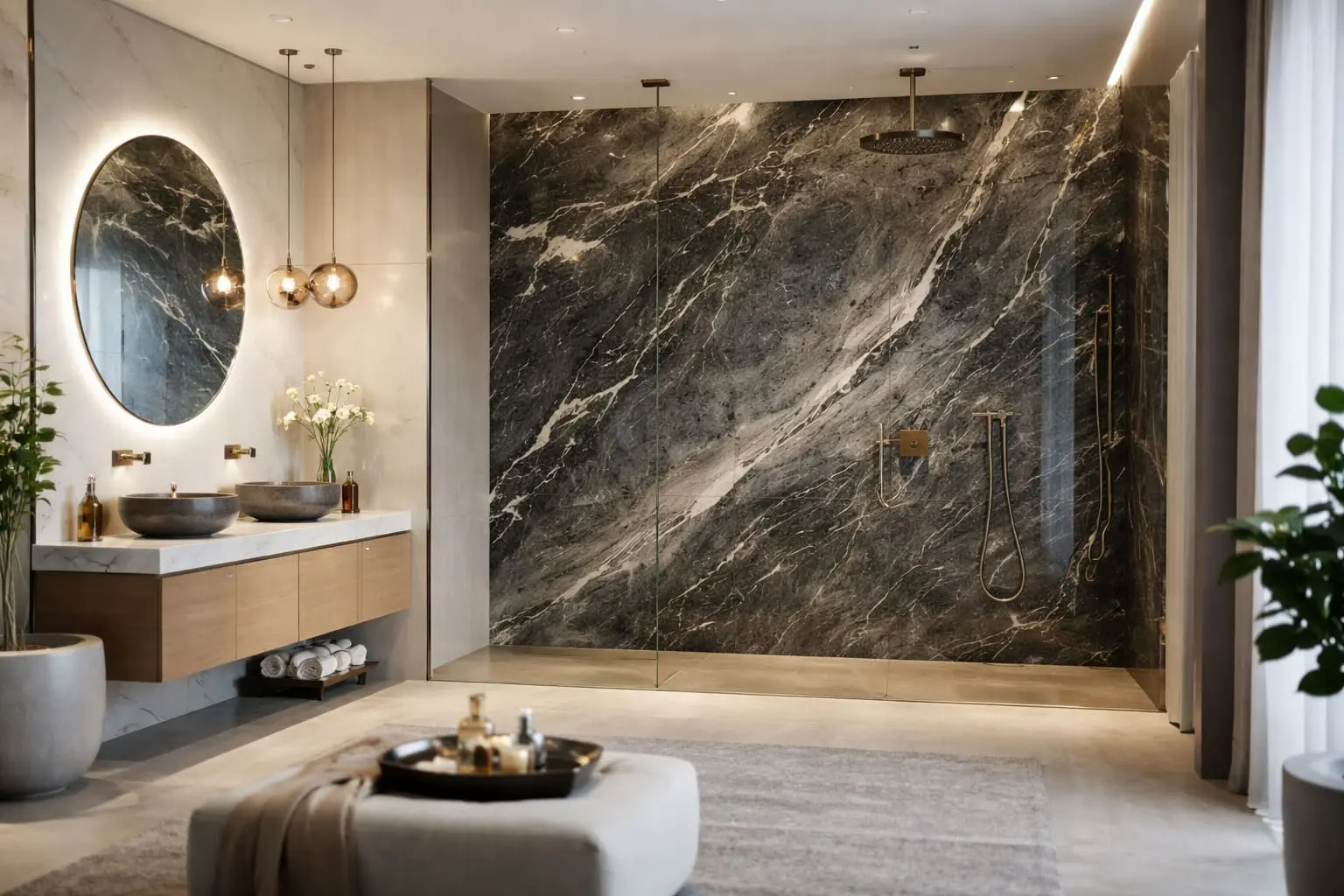 graphite marble bathroom wall slabs in a shower surround with polished finish
