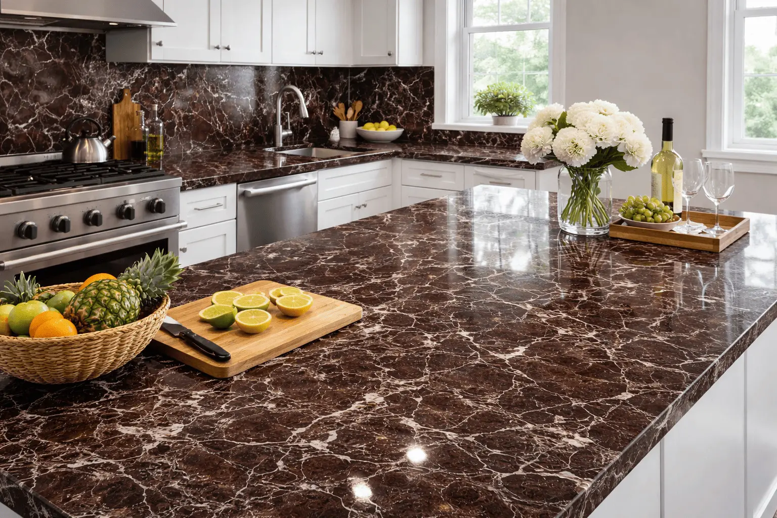 Red marble on modern kitchen countertop