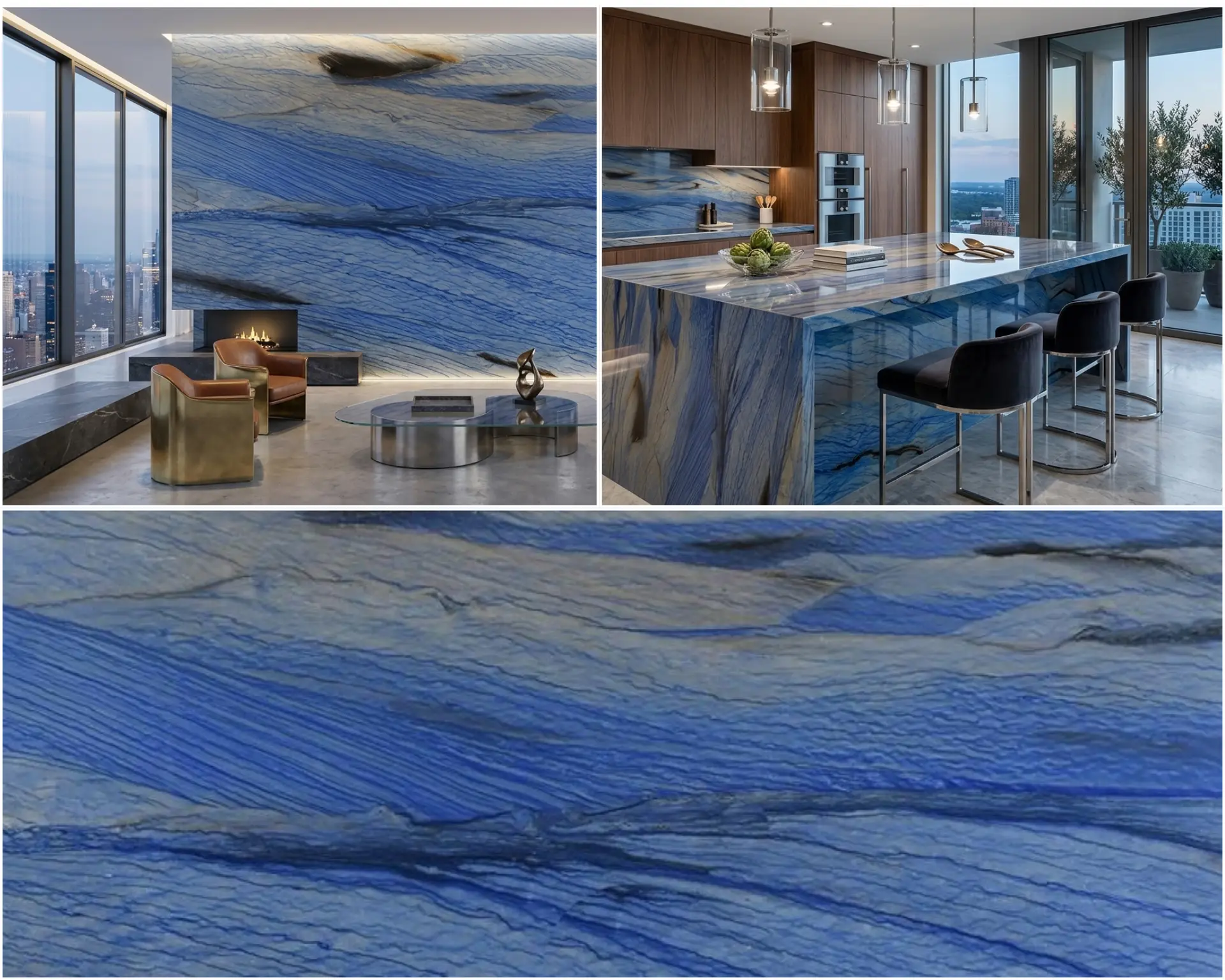 Quartzite, Blue Macaubas slab at Nova Tile and Stone Fernley showroom