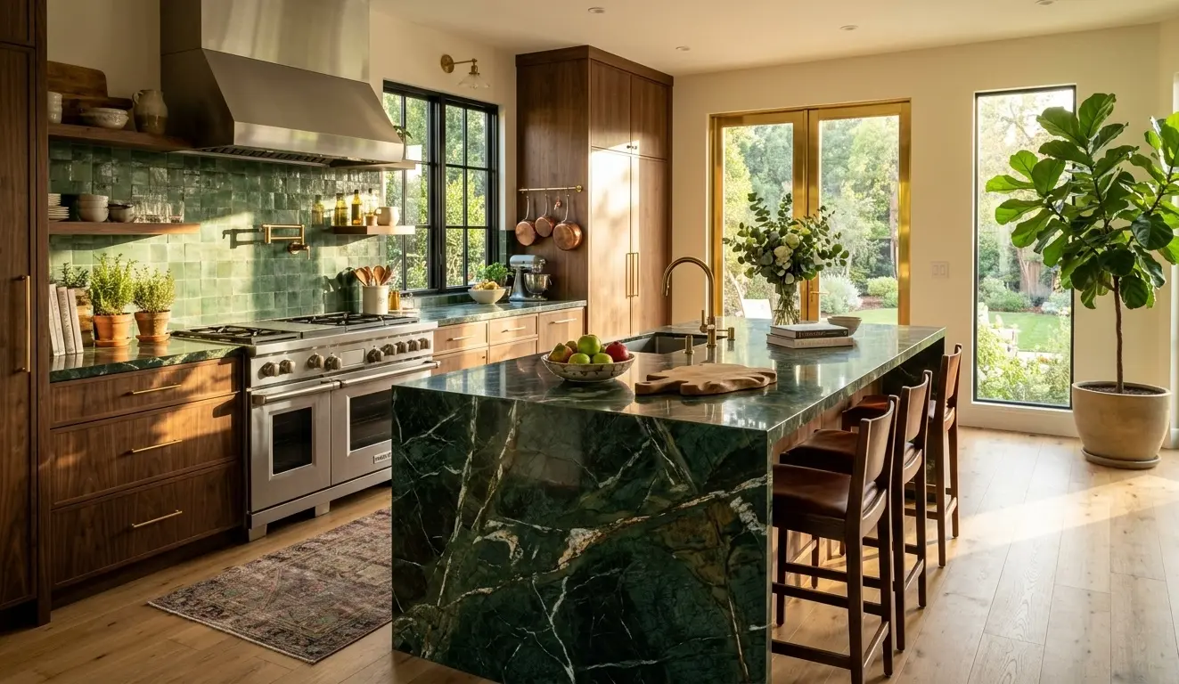 Emerald green marble kitchen island with waterfall edge