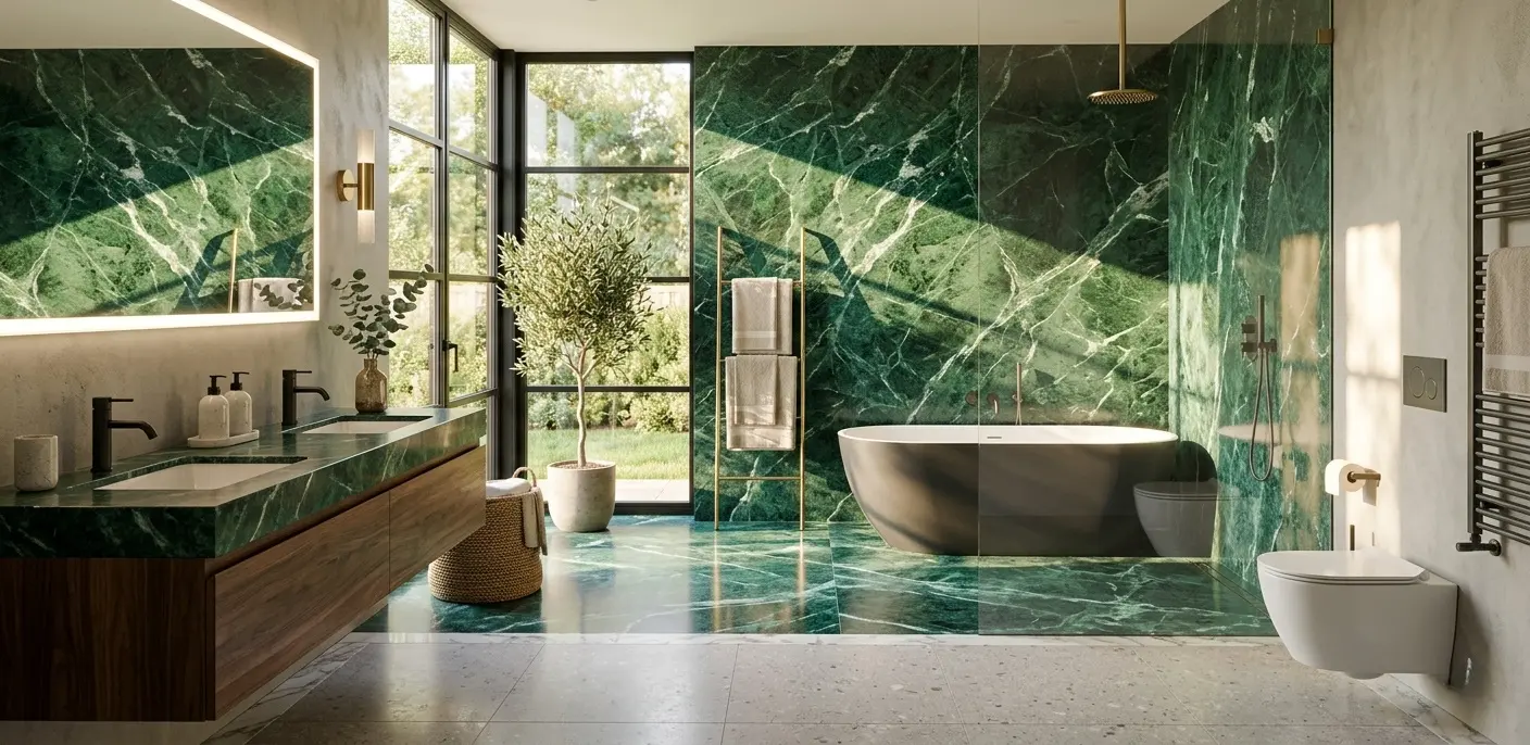 Modern living bathroom with perfectly installed emerald green marble