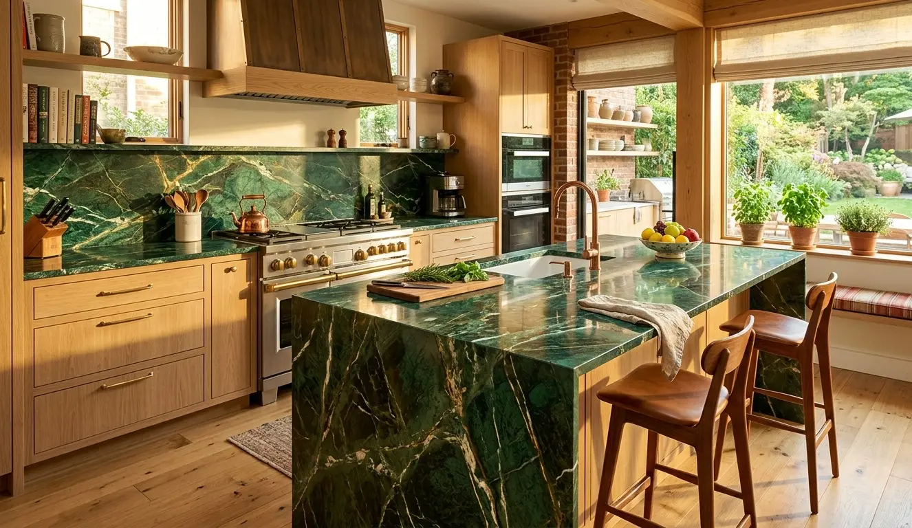 Emerald green marble slab with white and gold veining