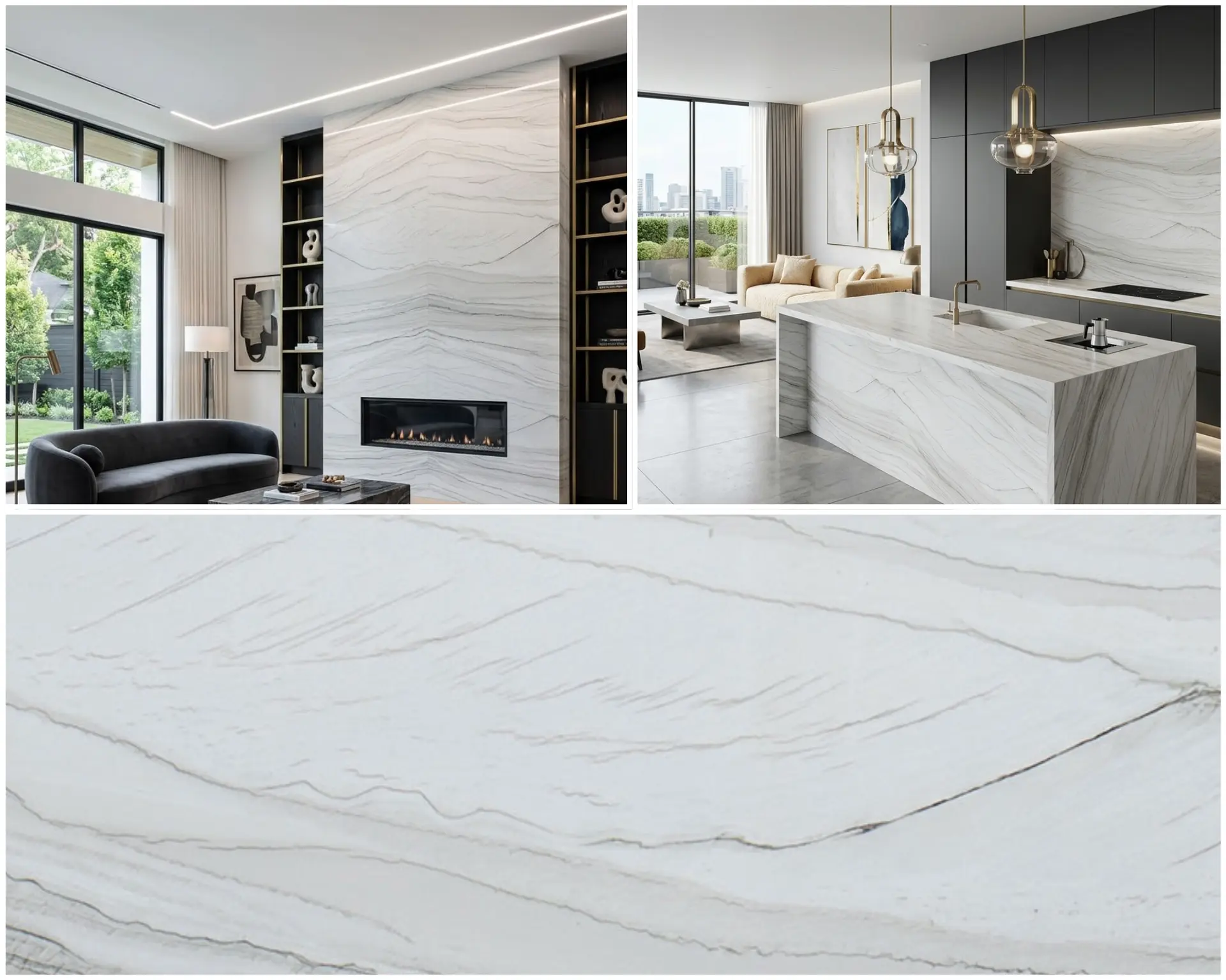 Quartzite, White Macaubas slab at Nova Tile and Stone Minden showroom