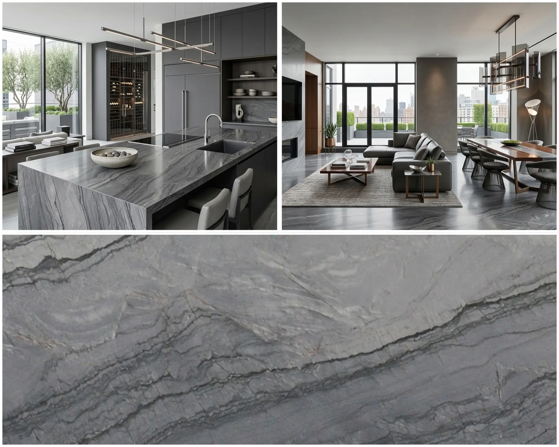 Quartzite, Mercury Gray slab at Nova Tile and Stone Reno showroom