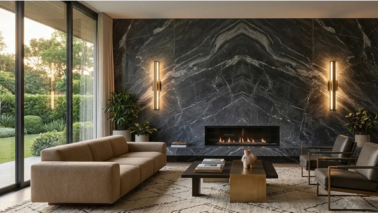 Bookmatched graphite marble fireplace wall in a contemporary living room
