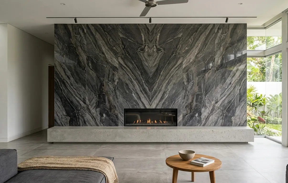 Leathered Graphite Marble feature wall with fireplace in a modern living room