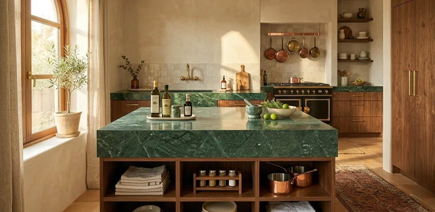 Forest green marble polished slab with deep green base and white mineral veining