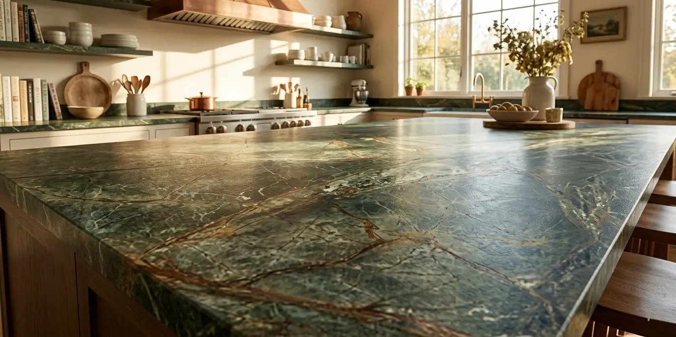 Close-up view of leathered forest green marble natural stone slab