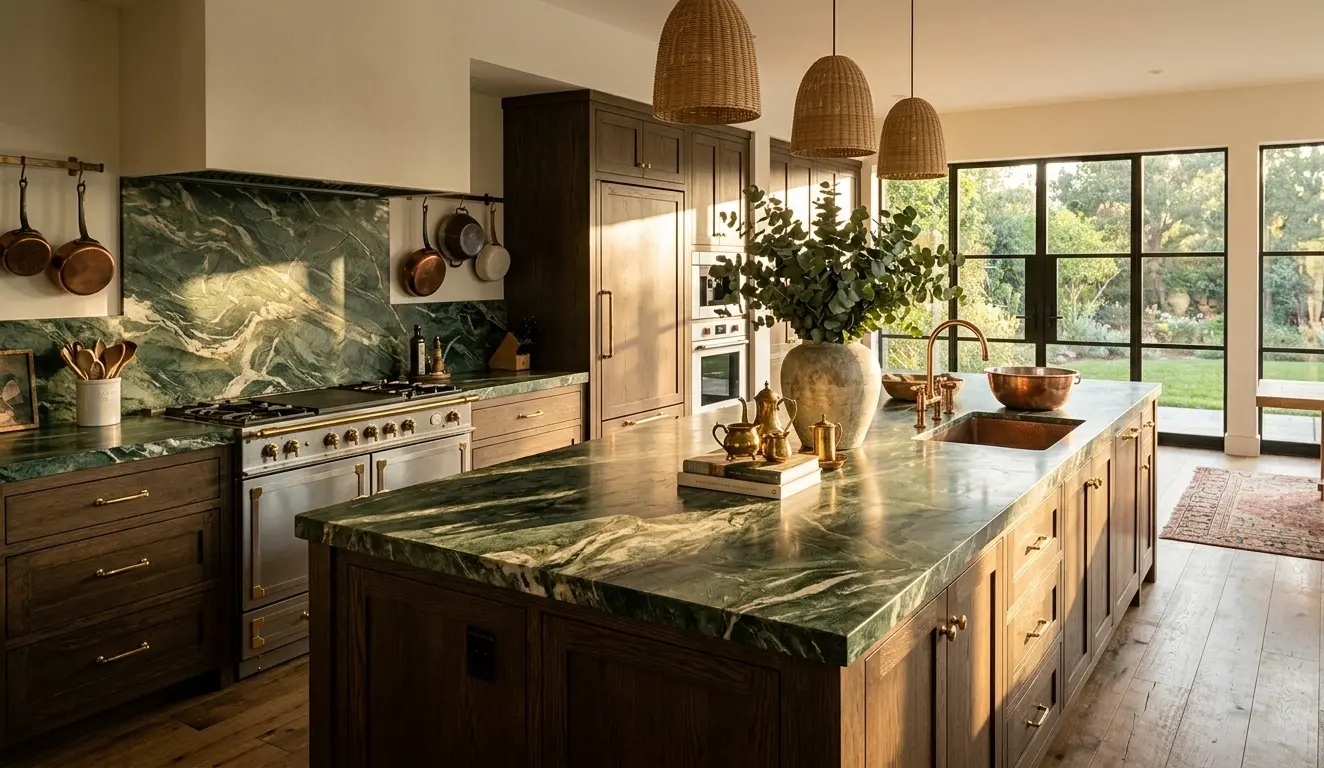 Large-format forest green marble slab installed as a luxury kitchen countertop